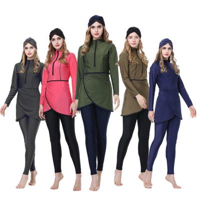 3Pcs/Set Women Split Swimsuit Front Skirt Secure Zipper Closure UV Protection Tops Long Swimming Trousers Set with Headscarf