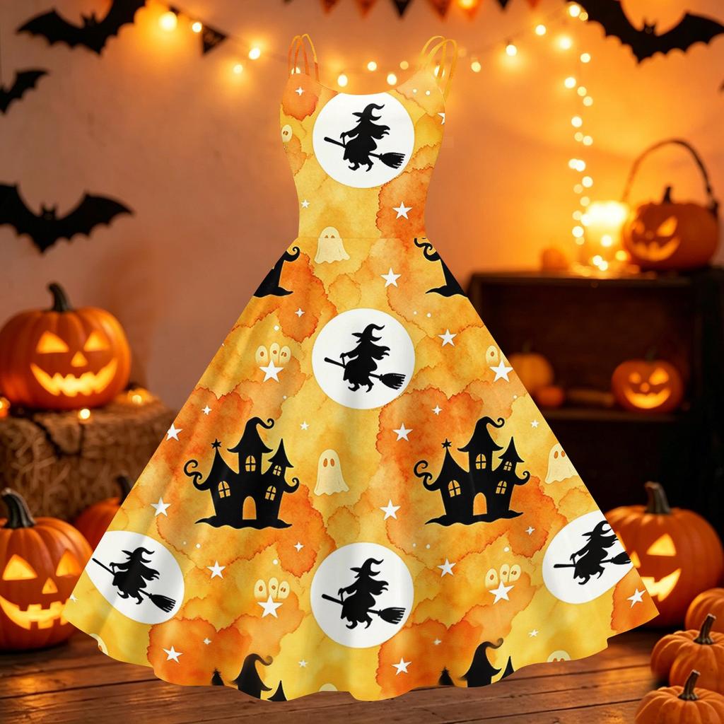 Women Halloween Printed Off Shoulder Vintage Punk Dress Sleeveless Swing Dress Party Dress with Adjustable Straps