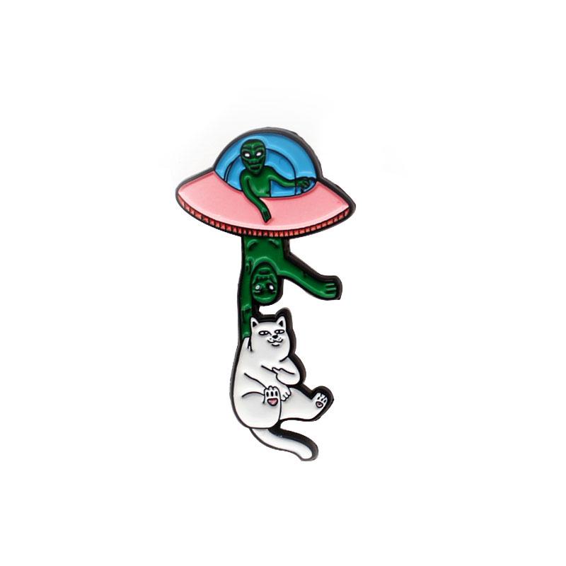 UFO Alien & Fat White Cat Enamel Pin - Trendy Accessory cc161