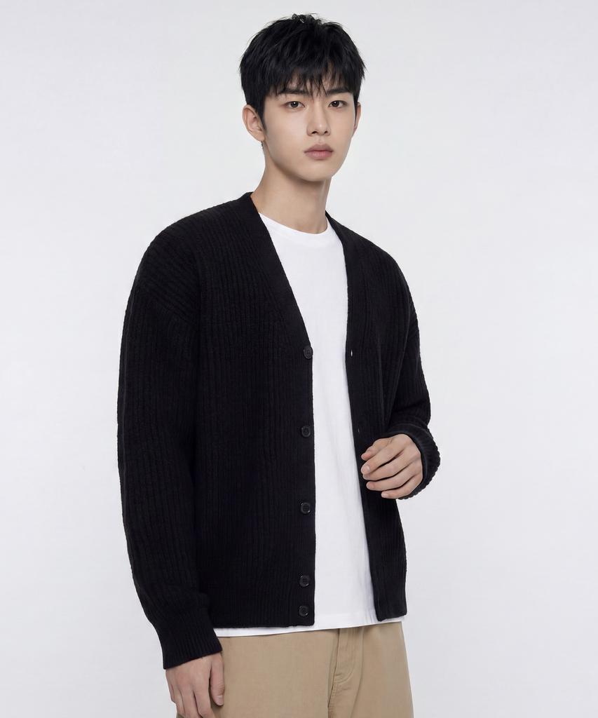 AGOD Hairy Ribbed Knit Cardigan [Black]
