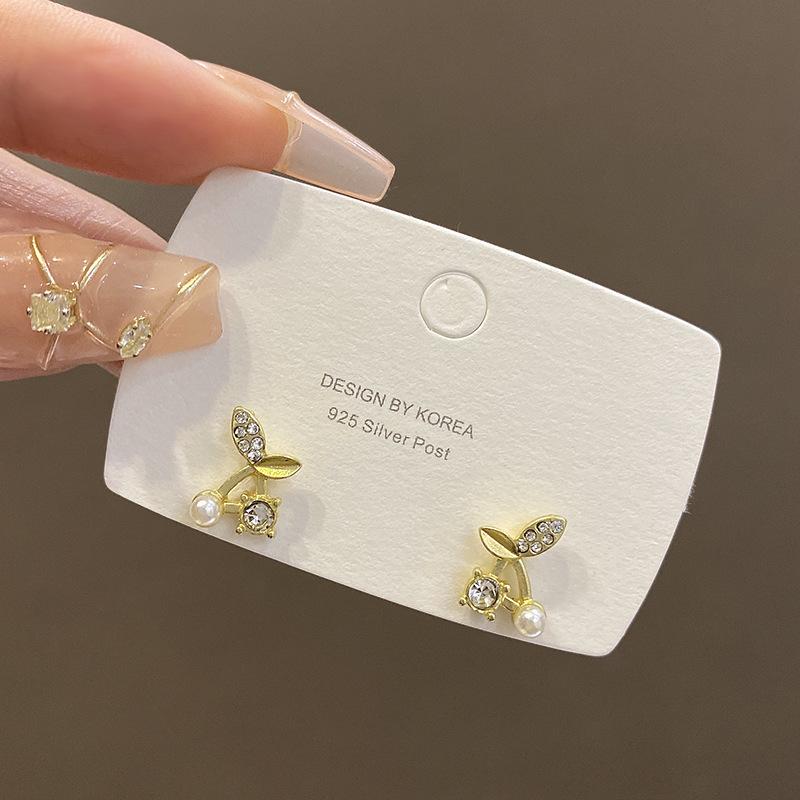 Small cherry pearl stud earrings women s sweet personality niche design earrings summer earrings