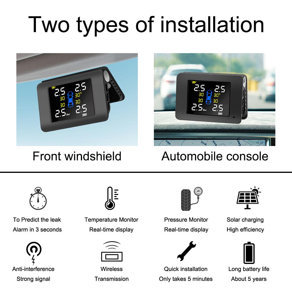 Solar Power Car TPMS Tire Pressure Monitoring System With 4 External or Built-in Sensors LED Display Temperature Warning Fuel Save