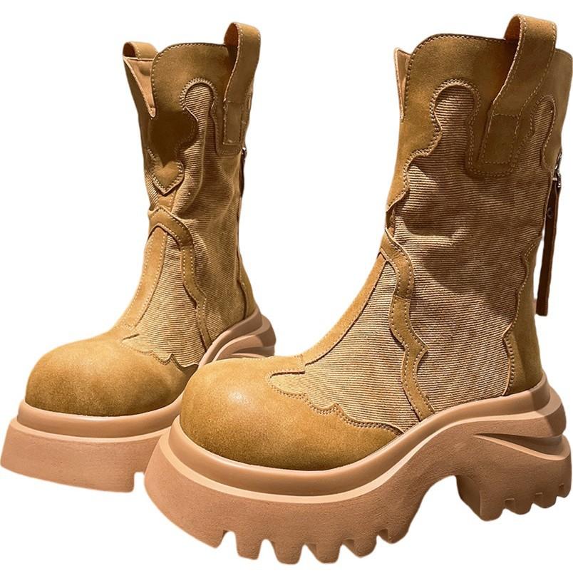 Martin boots women's ins super fire big head cowboy splicing tooling big yellow boots locomotive boots small 7cm thin women's shoes