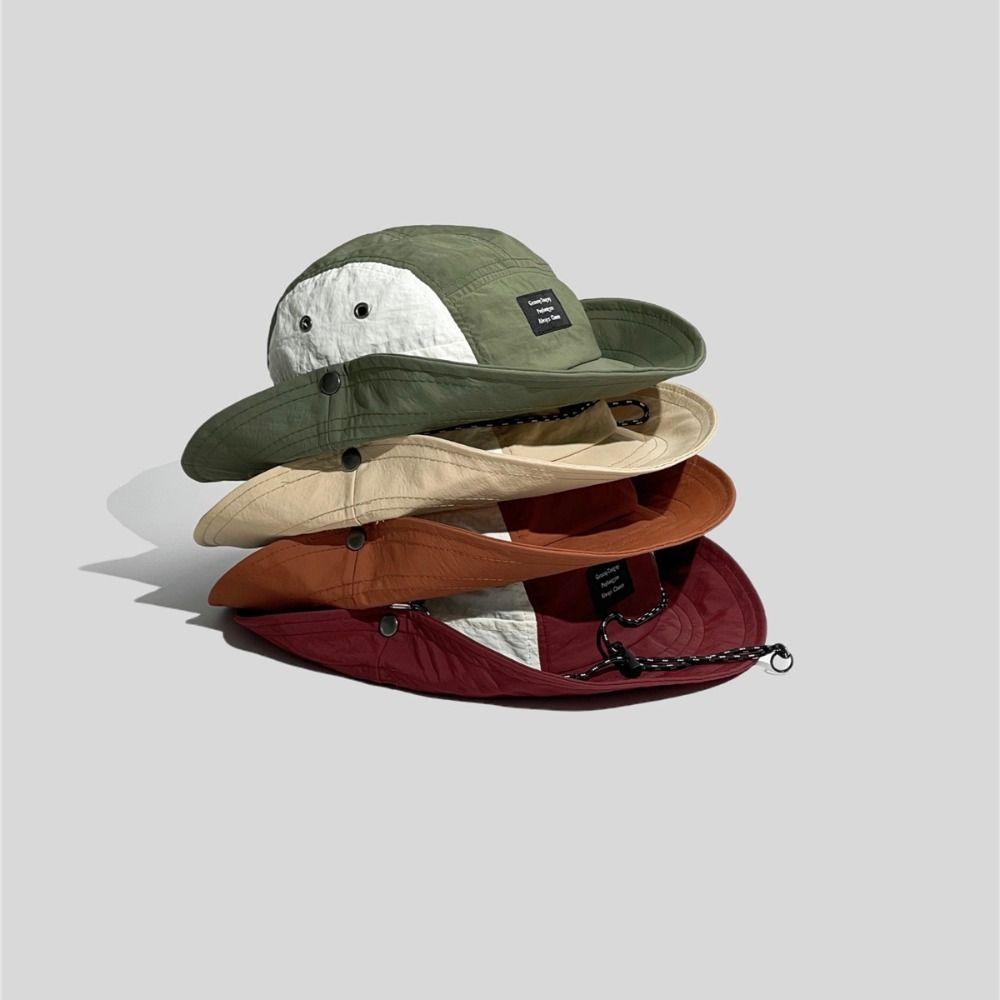 Cotton Wide Brim Sun Hat Splicing Color Hiking Hat Breathable Drawstring Fisherman Hat  Travel