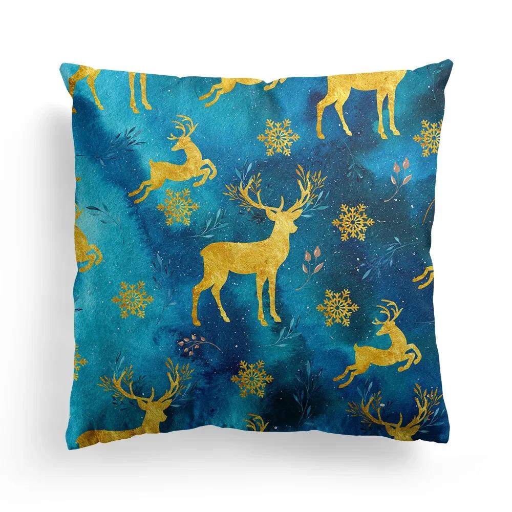 Home Decoration Christmas Blue Elk Plant Pillow House Polyester Cushion Cushion Decoración Navideña Funda De Almohada