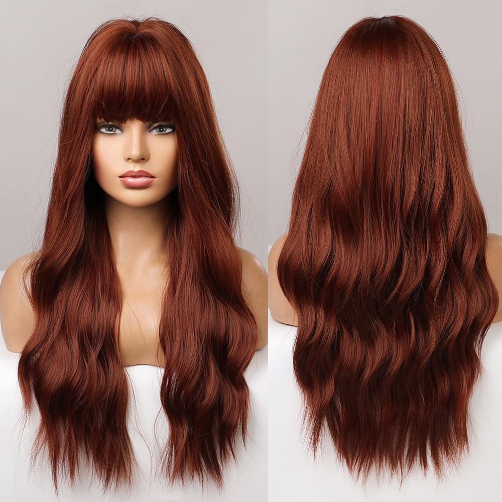 ALAN EATON Cooper Red Long Natural Wavy Synthetic Wig Loose Curly Auburn Wigs with Bangs for Women High Temperature Daily Hair