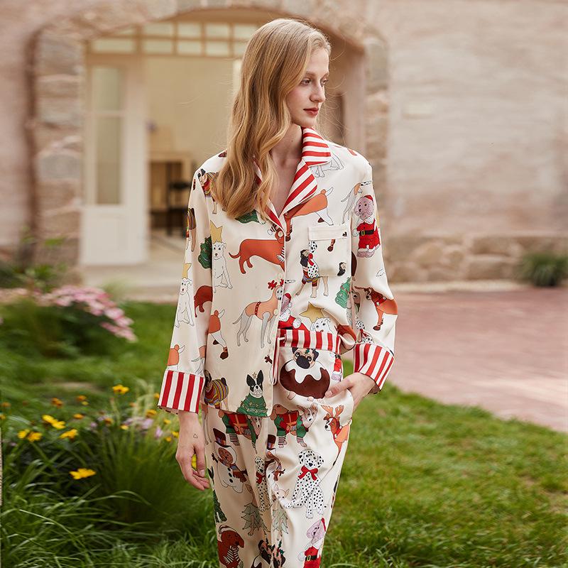 

Рождественский комплект женской пижамы с длинным рукавом - Осенне-весенняя домашняя одежда с шелковистой текстурой XL