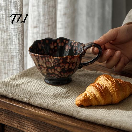 Vintage Style Afternoon Tea Mug Ceramic Coffee Mug, Reactive Glaze Latte Cup with Flow Pattern, Heat Resistant Hot Chocolate High Footed for