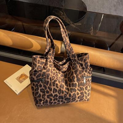 Borsa Tote Stampa Leopardo Donna Grande Capacità Velluto a Coste Borsa a Spalla Borsa Casual da Lavoro