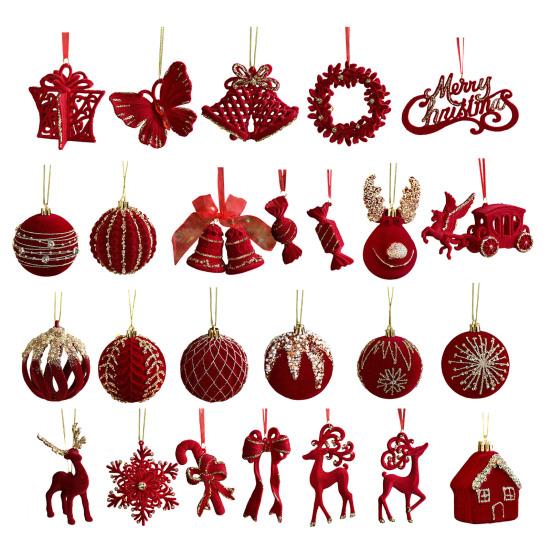 Christmas Ornaments Red Flocking Bell Wreath Snowfall Elk Pendant Snowy Winter Decor for Tree Hanging