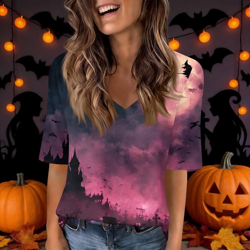 Women's Casual V Neck Top with Halloween Print, Short Sleeve, for Holiday Parties and Everyday Wear
