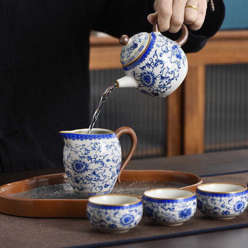 Ru Kiln Lotus Scroll Kung Fu Tea Set – Blue & White Ceramic Teapot Gift Box with Logo