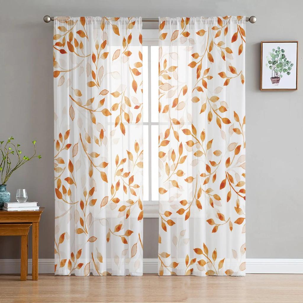Orange Abstract Plant Leaf Texture Autumn Bedroom Transparent Sheer Curtains Holiday Decoration Window Voile Tulle Curtain