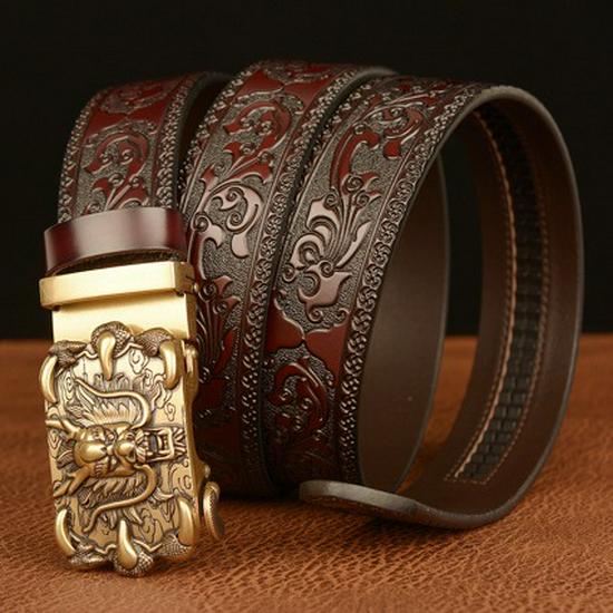 New Men's Embossed Dragon Head Genuine Leather Belt with Automatic Buckle