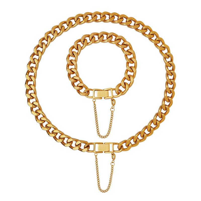 Exaggerated 18K Gold-Plated Titanium Steel Cuban Necklace & Bracelet Set - European/American Hip Hop Style