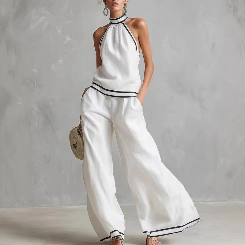 Women's Two Piece Set Halter Top Wide Leg Pants Contrast Trim Summer Vacation Outfit