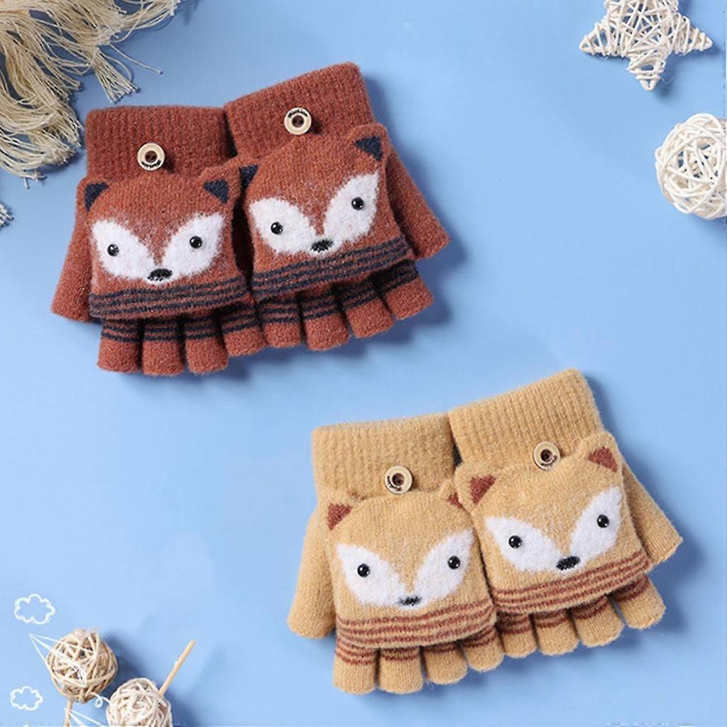 1 Pair Ages 6-10 Boys' & Girls' Gloves Cartoon Fox Half-Finger Winter Style Coffee Brown Stretch Gloves