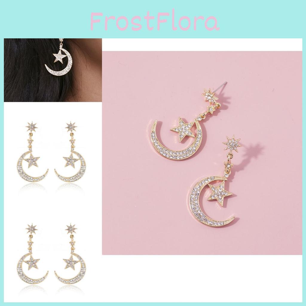 Trendy Gold Alloy Star Moon Earrings Sparkling Fashion Dangle Earrings For Women