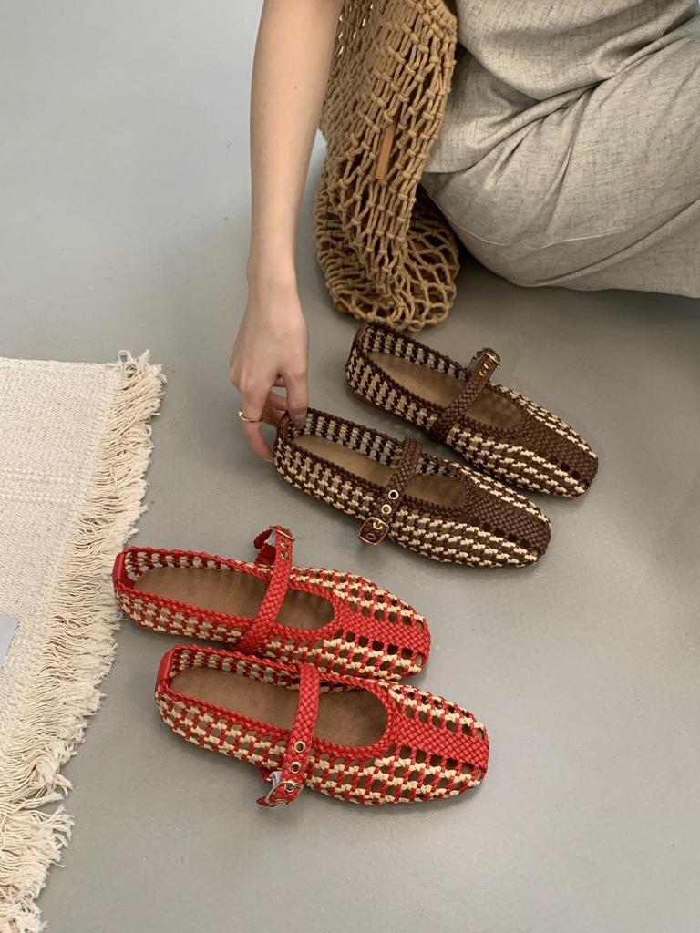 IPPEUM Mesh Ballet Flats Red Mary Janes Shoes WomenRound Toe 2025 New Pumps Flat Ballerina Shoes