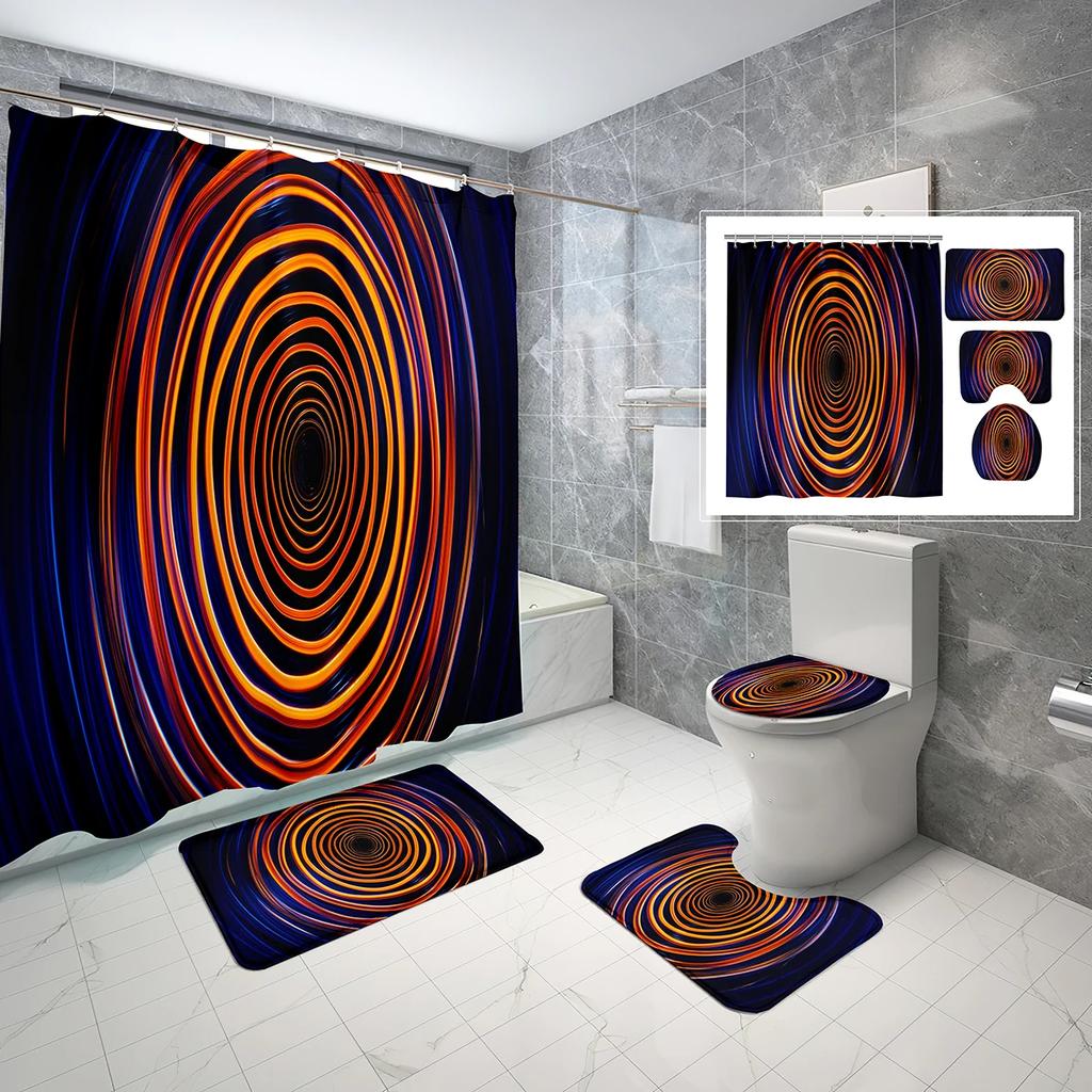 4 Sets Circles Geometry Shower Curtain Sets With Non-Slip Bath Mat,Toilet Lid Cover And Warm Color Pattern Shower Curtain Sets