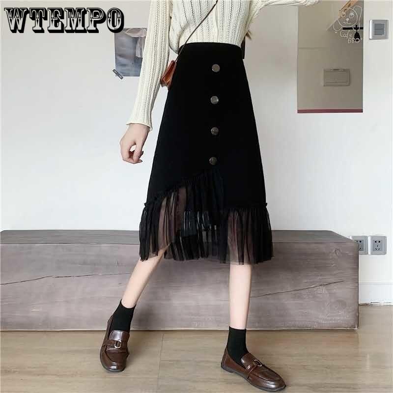 Elegant Black Single Row Button Elastic High Waist A Line Knitted Half-body Skirt Female Irregular Hem Mesh Splicing Package Hip Skirt
