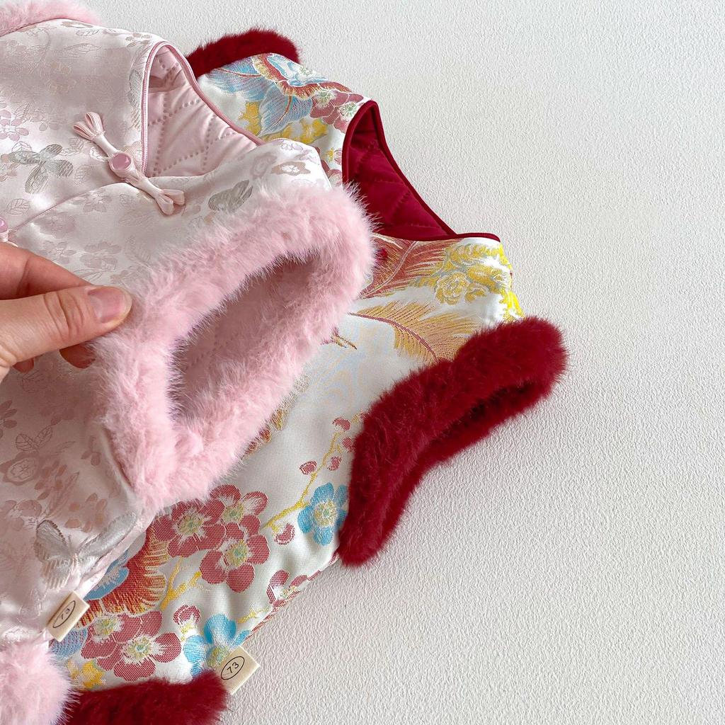 2025 Children's Chinese New Year Retro Jacquard Padded Vest – Winter Outfit for Girls