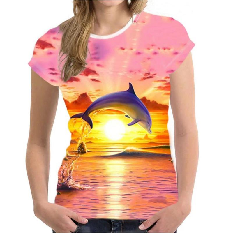 Women's T Shirt Dolphin Animal 3D Print Tee Summer Fashion Casual O-Neck Short Sleeve T-Shirts Y2k Tops Harajuku Female Clothing