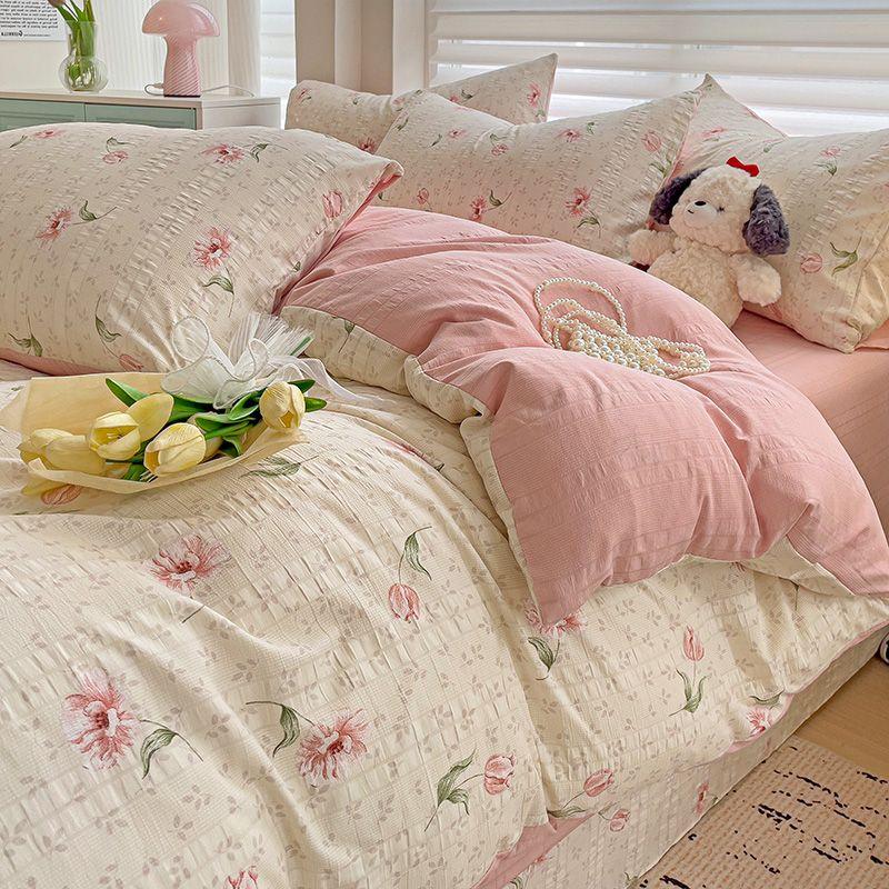 Floral Print French Style Bedding Set Bubble Cotton Duvet Cover Set Washed Cotton Flat Sheet Set Queen For Girl Decor Home