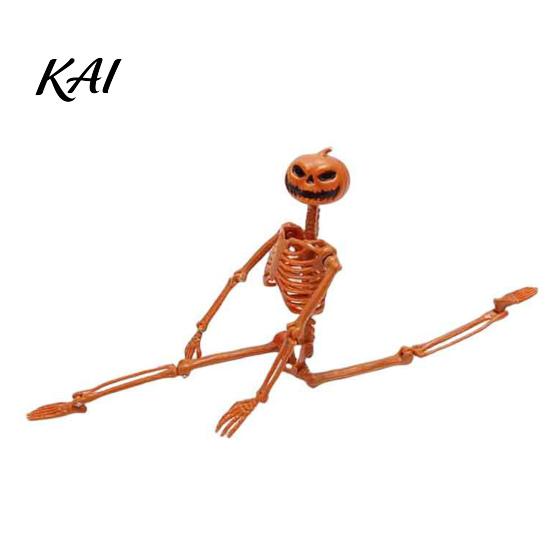 Hard Plastic Skeleton 40cm Pumpkin Head for Halloween Decoration, Movable Joint Flexible Jointed Figure Skull Figurine with Hanging Lanyard,