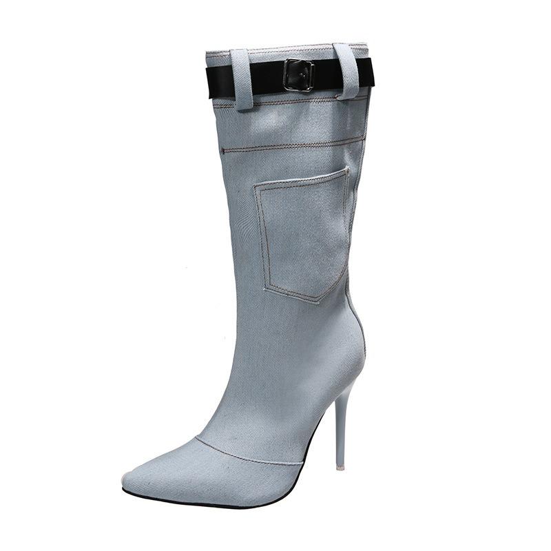 Denim belt buckle thin boots autumn and winter new thin heel pointed boots high heel medium tube fashion boots women