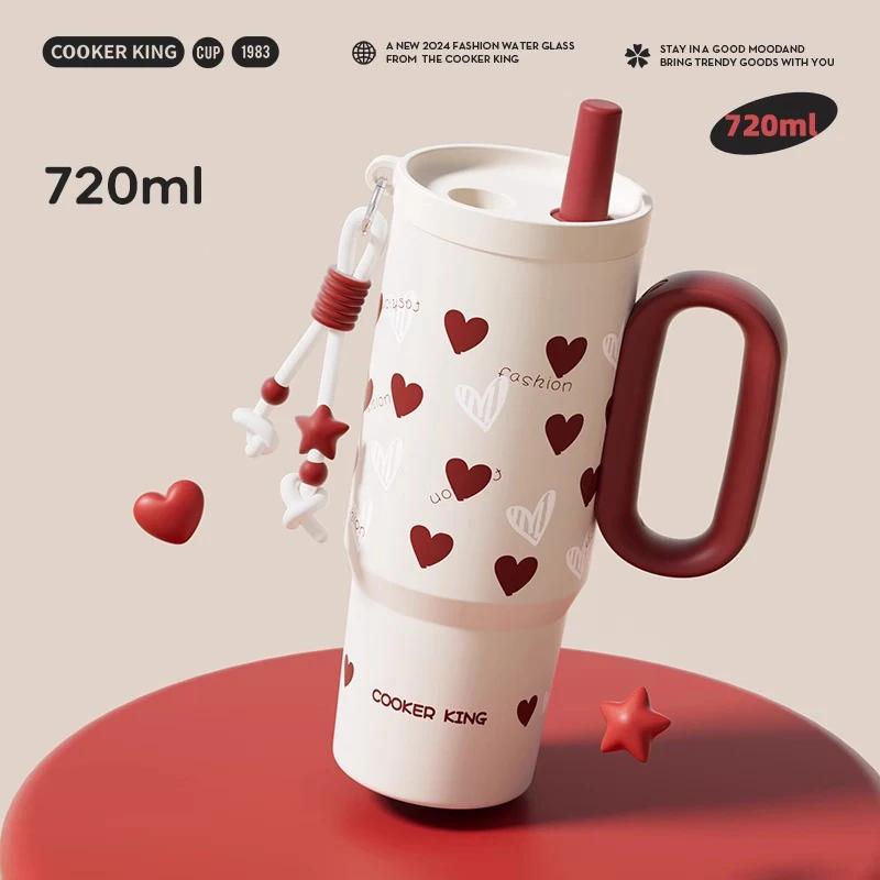 COOKER KING Stainless Steel Thermos Cup 720ML Insulated Water Bottle with Straw Leak-proof Car Vacuum Mug with Tea Strainer