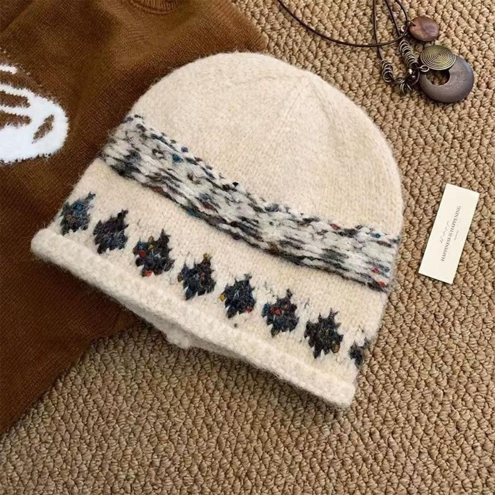 Windproof Pullover Hat Thickened Foldover Beanie Hat Fashion Jacquard Knitted Hat