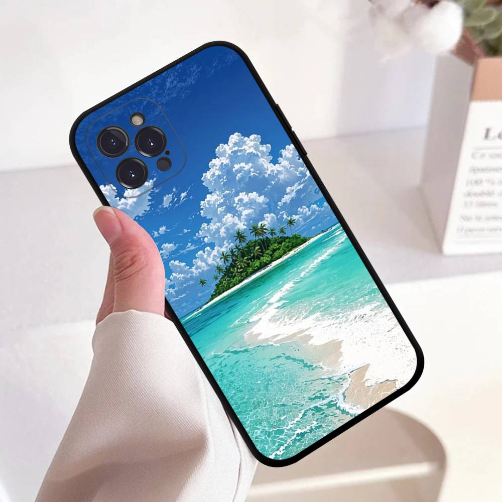 Sea Blue Sky Beach Anime Black Soft Silicone Phone Case For Iphone17 Air 16 15 14 13 12 11 Mini Pro Max Plus