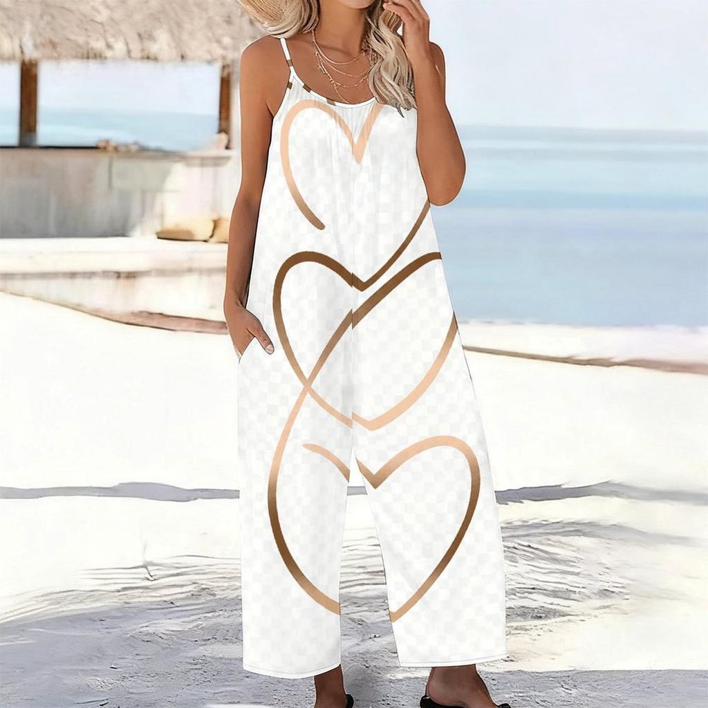 Damen Spaghettiträger Jumpsuit Abstrakt Goldene Verflochtene Herzlinien-Print Weite Hosen mit Taschen