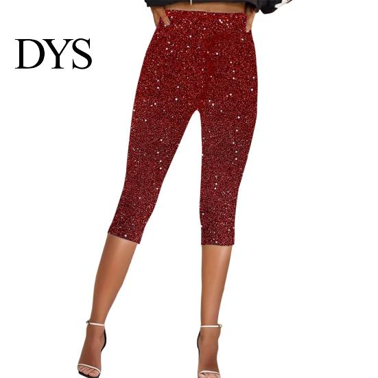 Sequin Bottoms Women Cropped Pants Elastic High Waist Skinny Fit Sequined Calf-length Shiny Sequins Vacation Travel Work Casual Comfortable