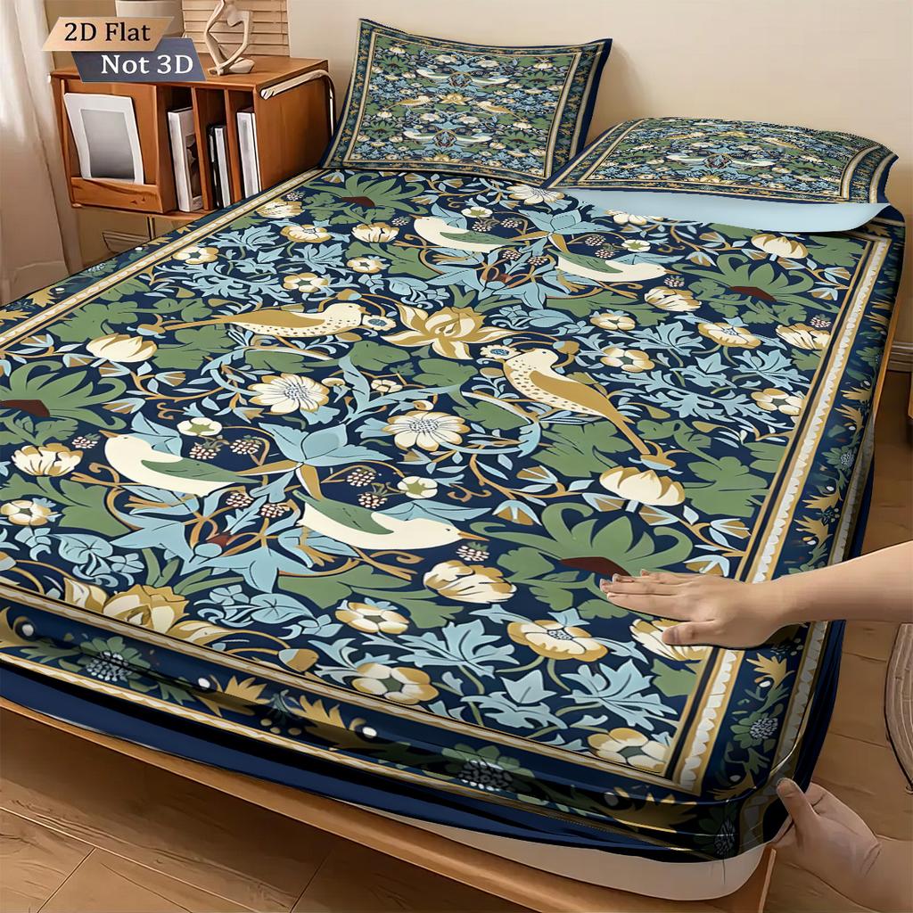 Conjunto de Lençóis Estilo Étnico Retrô com Padrão de Pássaro e Flor 3 Peças Cobertura de Cama Multitamanho Decoração de Cama para Quarto Lavável à Máquina