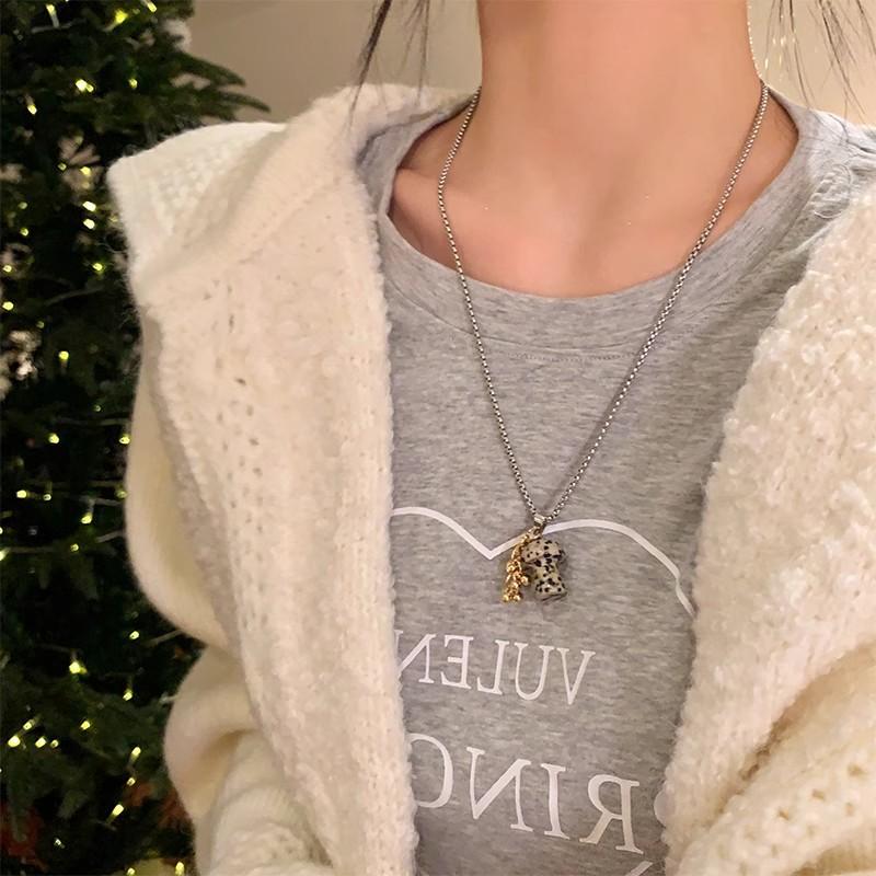 Trendy Spotted Tiger'S Eye Stone Mushroom Pendant Titanium Steel Necklace Accessories Women'S High Sense Niche Long Sweater Chain Neck Chain