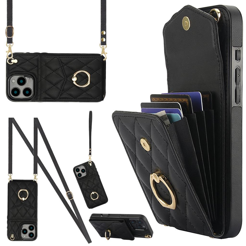 For iPhone 16 Pro Case Card Bag Leather+TPU Crossbody Phone Cover with Ring Kickstand