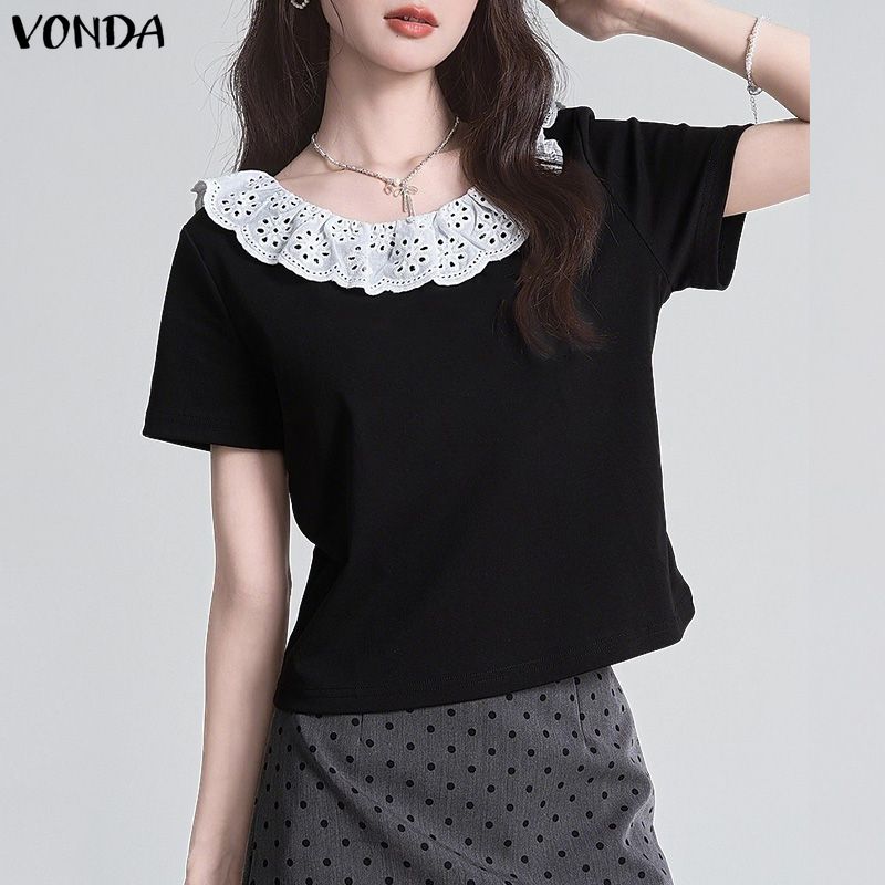 VONDA Women Short Sleeve Lace Crochet Back Bow Patchwork Casual Cropped Blouse