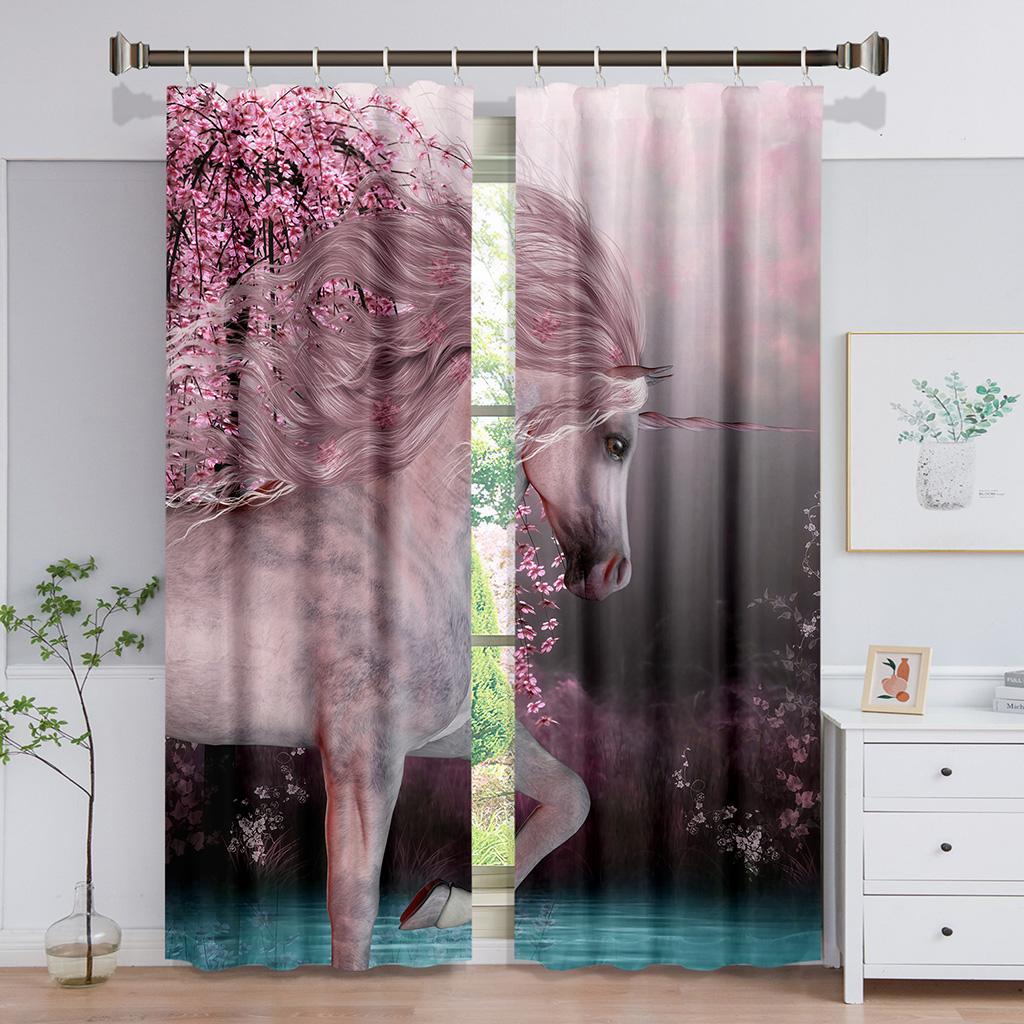 Dreamy Colorful Unicorn Angel Horse Thin Window Curtains for Living Room Bedroom Bathroom Kicthen Door Cupboard Home Hooks 2Pcs