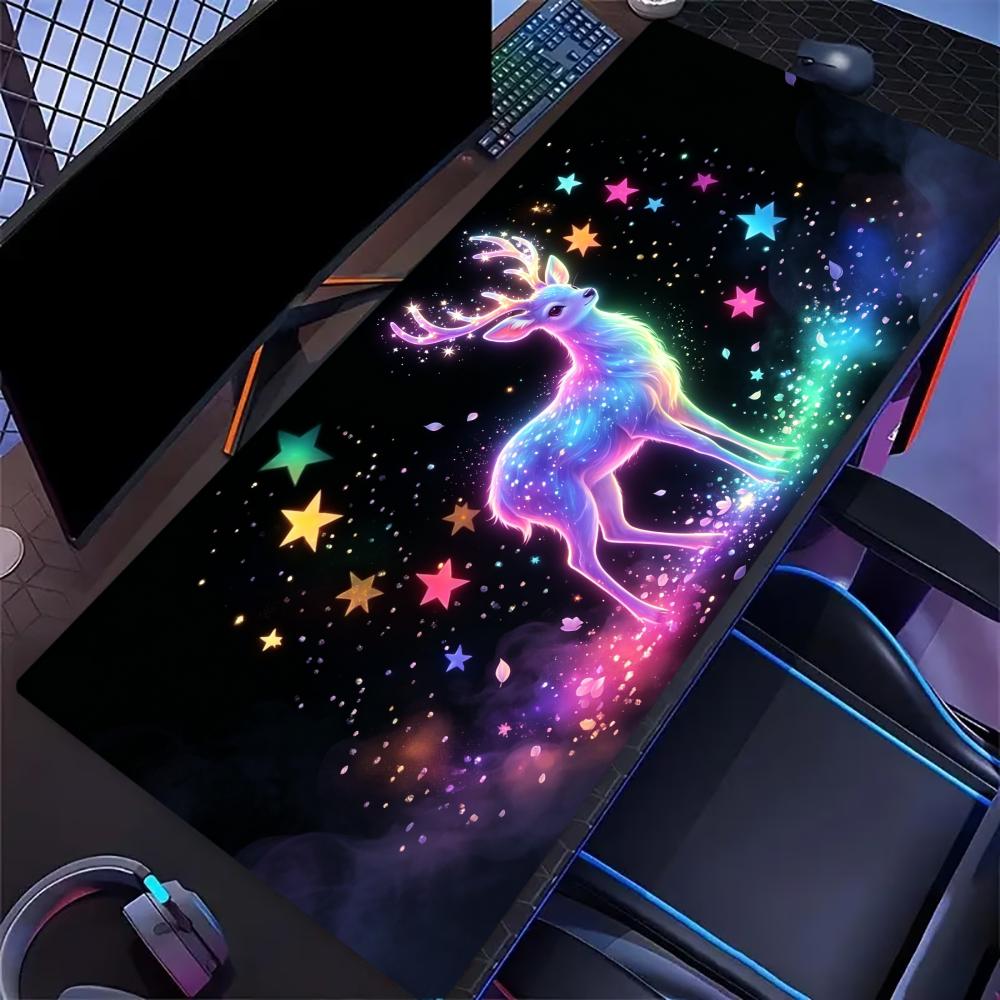Neon Cosmic Cat Large Extended Gaming Mouse Pad Non Slip Desk Surface Glitter Starry Animal Print For Gaming And Office Setup