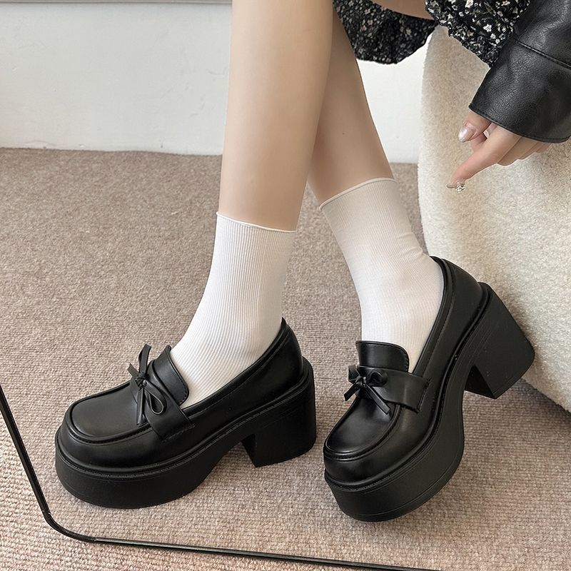 Retro Round Head Versatile Thick High-heeled Small Leather Shoes for Women's 2025 Spring New Japanese Skirt Bow Loafers
