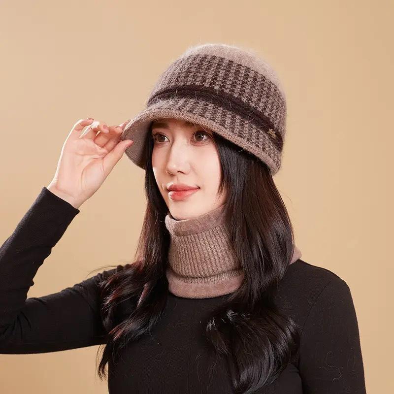 Rabbit Fur Blended Fisherman Hat Mother Female Wool Hat Season Grandma Warm Knitted Basin Hat