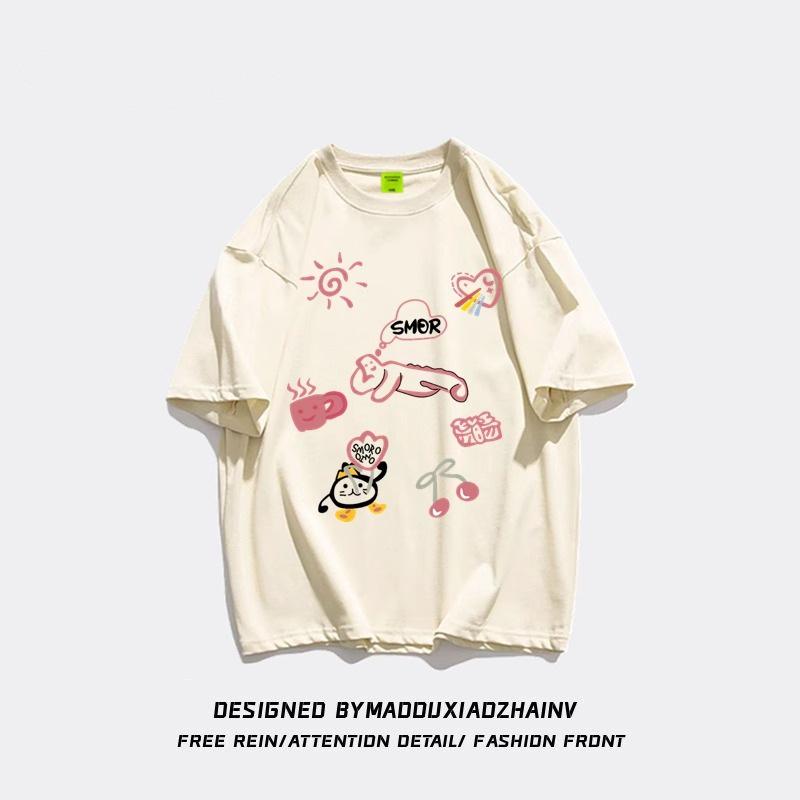 Women's Loose-Fit Cartoon Print Pure Cotton T-Shirt, Chic Hong Kong Style, Trendy American Brand, Plus Size Available