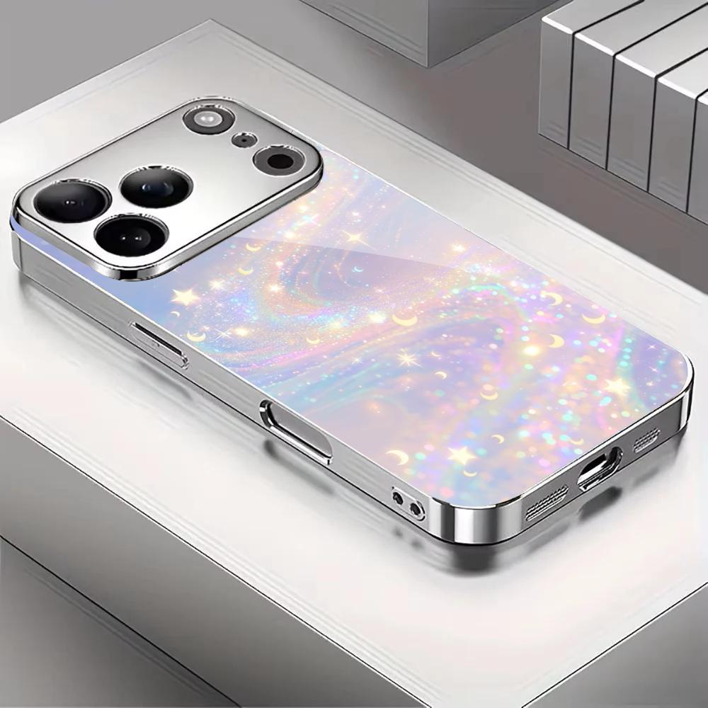 Dreamy Starry Sky Silver Plating Glass Phone Case For iPhone 17 16 15 14 13 12 11 Pro Max Plus Anti‑Knock Back Cover Shockproof