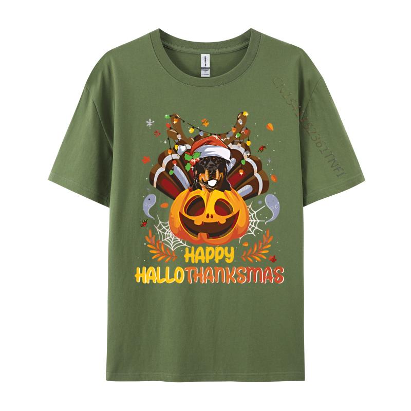 Rottweiler Happy Hallo Thanksmas Halloween Tshirt Vintage Cheerful Cotton Tshirts Blue And White Graphic T Shirts
