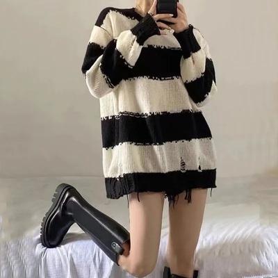 Gothic Sweaters Women Harajuku Punk Knitted Stripes Jumpers Vintage Loose Long Sleeve Black Pullover Streetwear Tops
