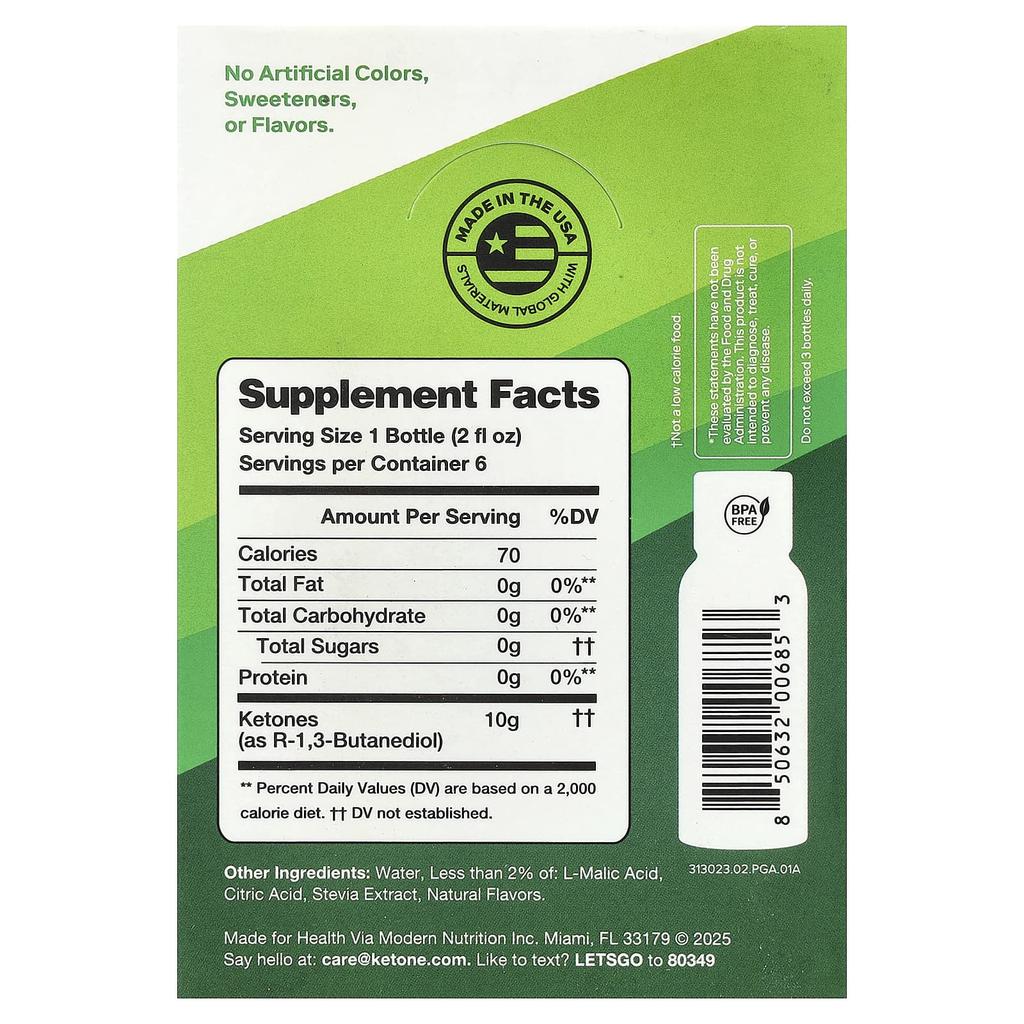 Ketone-IQ, Energy Shots, Green Apple, Caffeine Free, 6 Bottles, 59ml (2 fl oz) Each