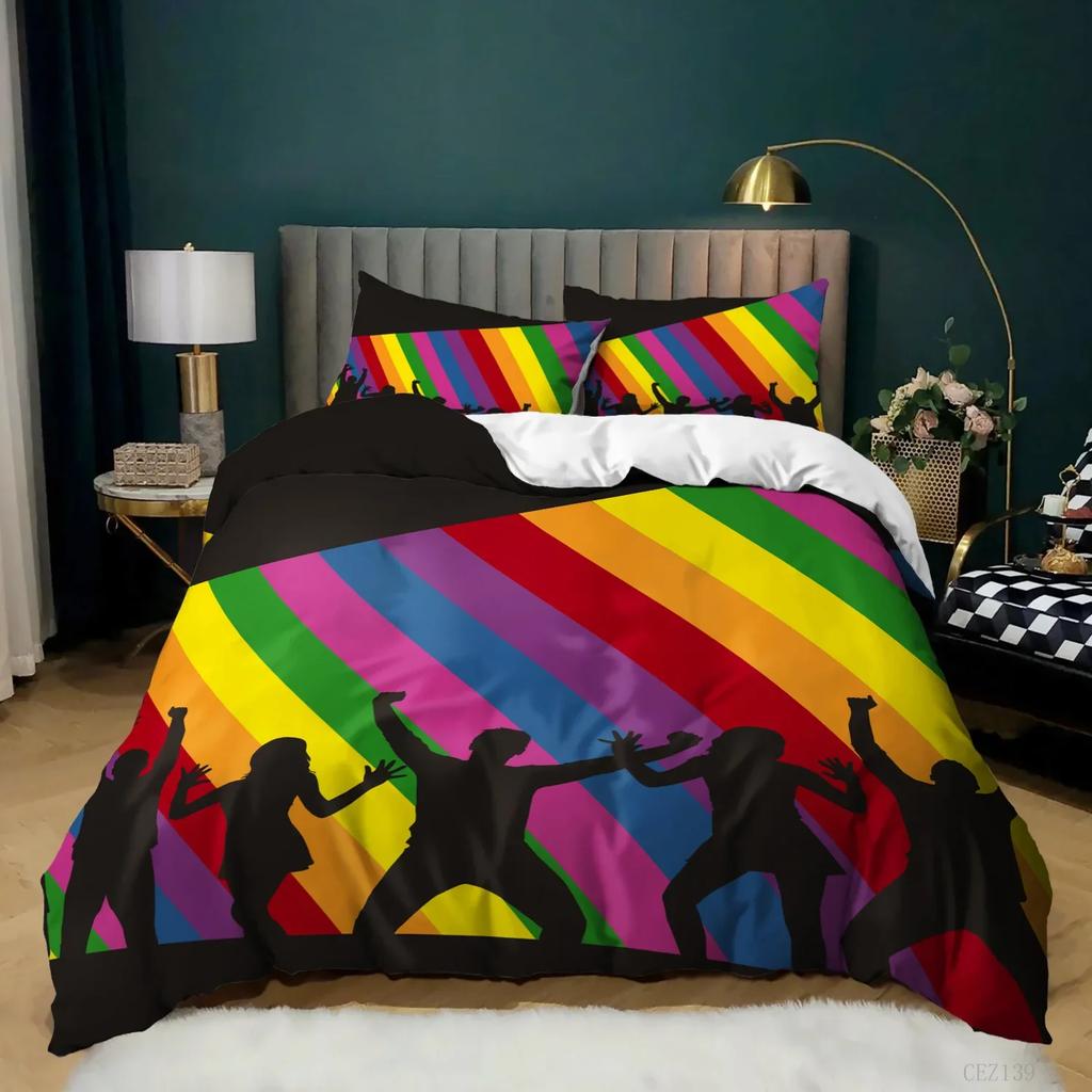 Rainbow Duvet Cover King/Queen Size LGBT Abstract Rainbow Heart Bedding Set for Girls Women Colorful Lines Soft Quilt Cover