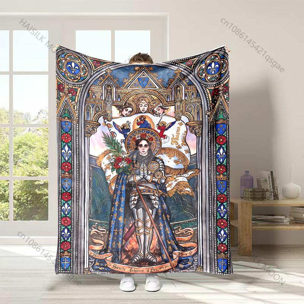 1PC Stained glass art of saint Faith-printed Flannel Blanket Soft and Warm Suitable for Home Travel Picnics Camping and RV Use